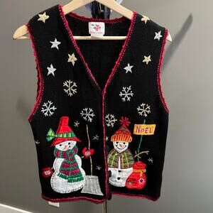 Vintage NutCracker Christmas Sweater Vest Women's Medium Black Ugly Snowman